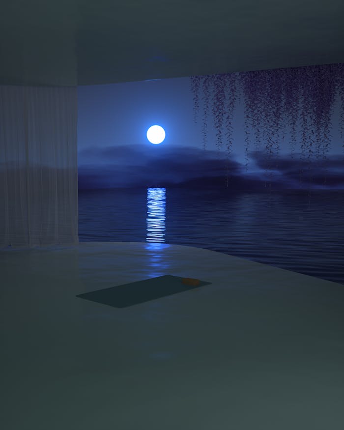 Tranquil digital art of a moonlit lake scene with calming reflections and mist.